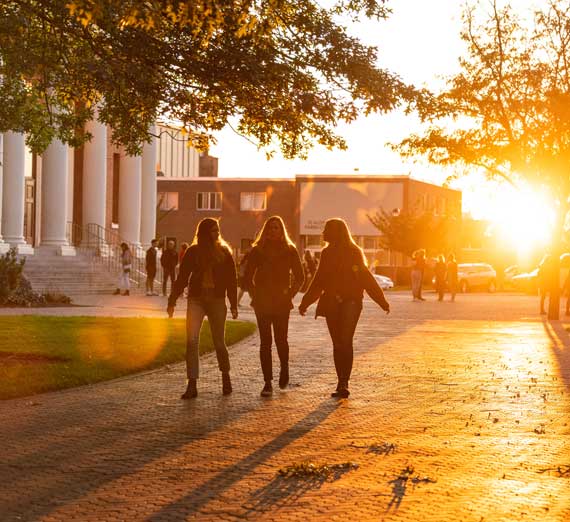 Students walking at sunset