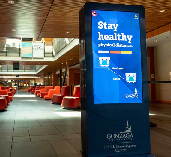 ZagOn "Stay Healthy" digital sign in the Gonzaga University Hemmingson Center