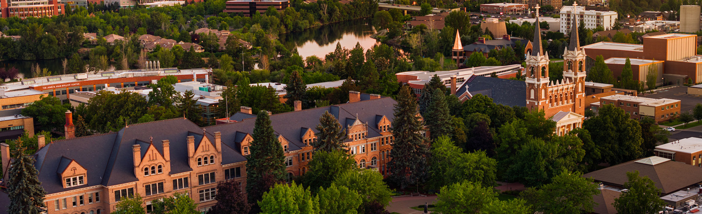Gonzaga campus at sunset featuring views of College Hall and St. Aolysius cathedral