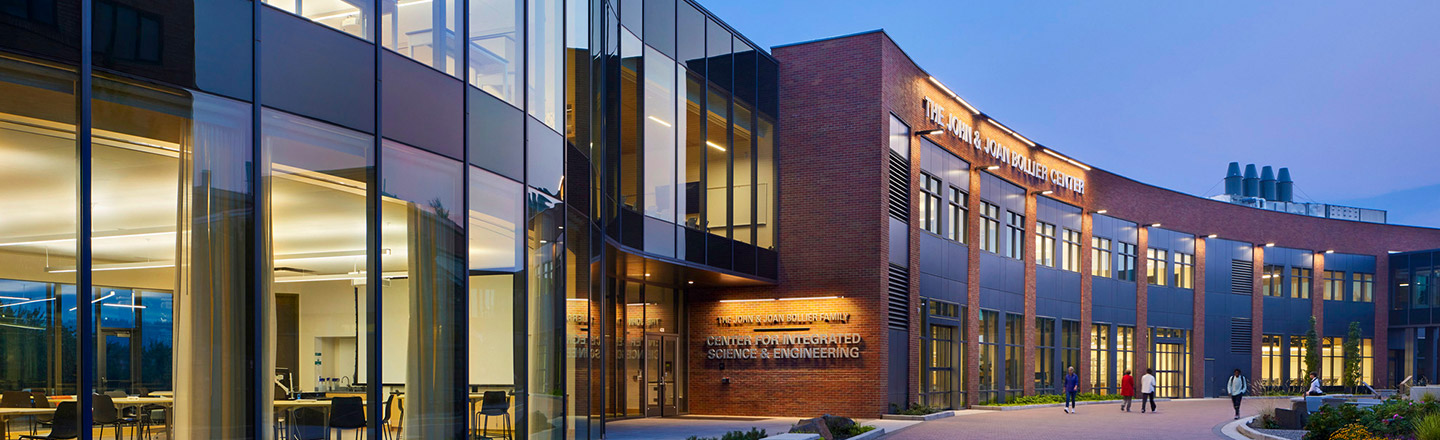 The exterior of The Bollier Center at dusk.