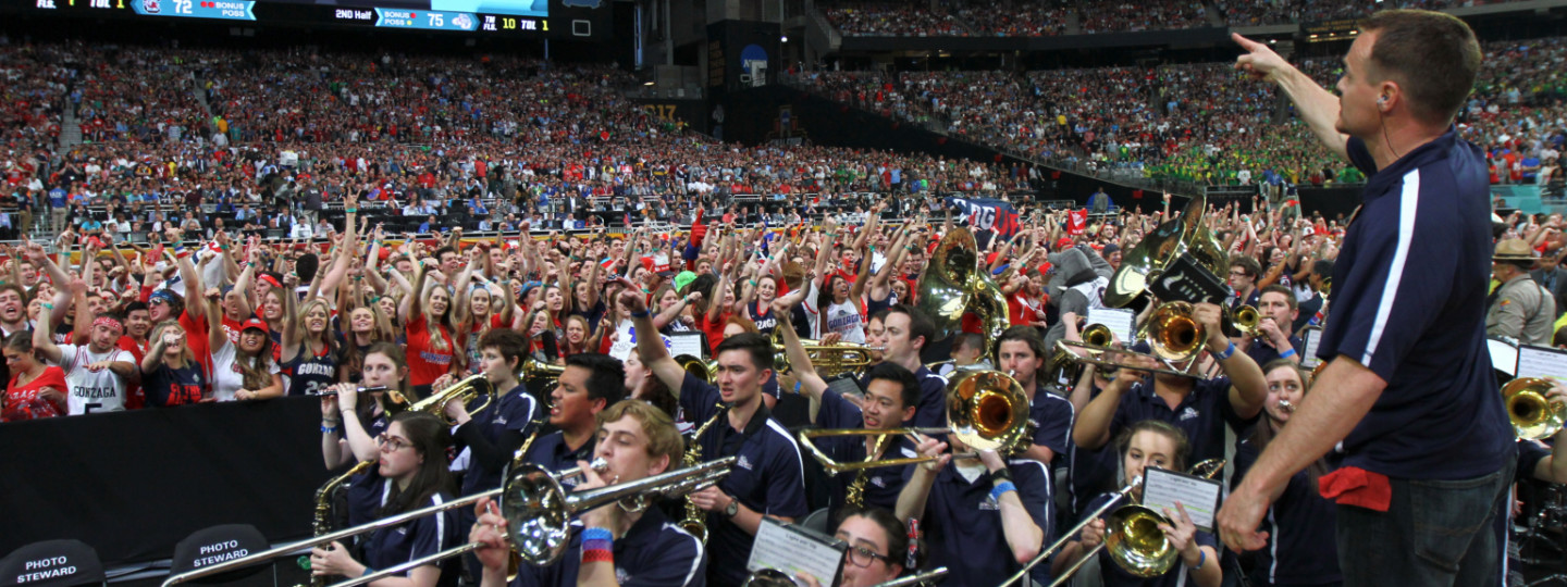 The Bulldog Band in Martin Center with a view of the crowd. 