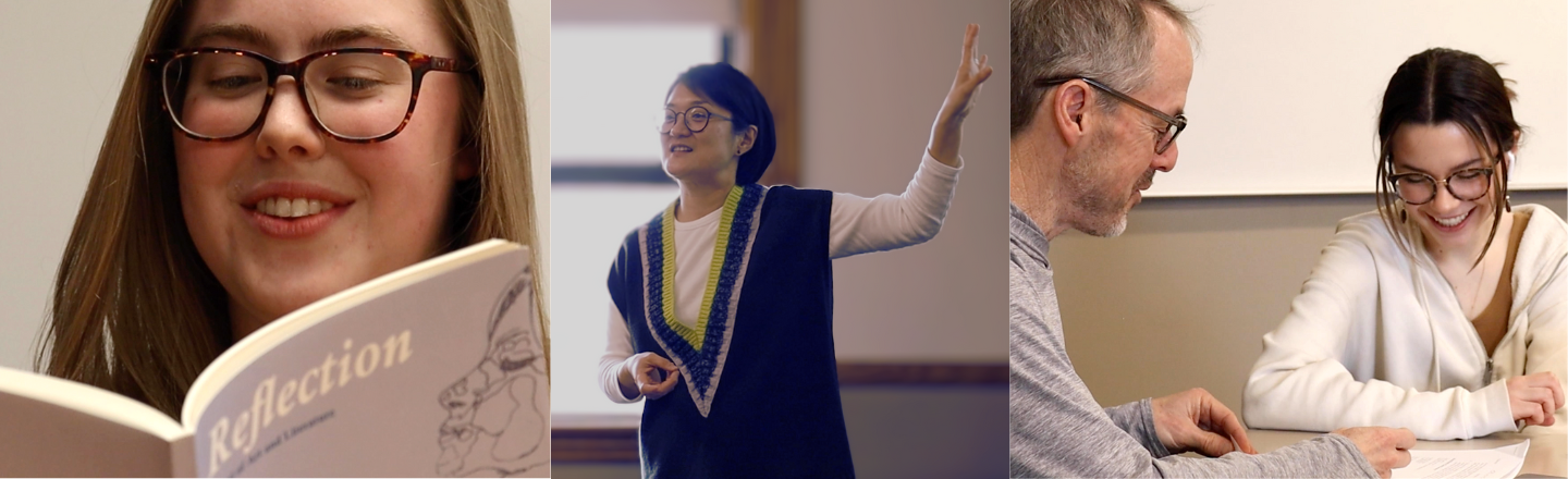 Three images put together to create a banner image. First image is a student reading a book, second is a faculty member pointing to the board in a classroom, third is a faculty member working with a student. 