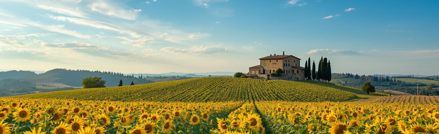 A field of sunflowers with a villa in the distance set against a blue sky and low hills. 