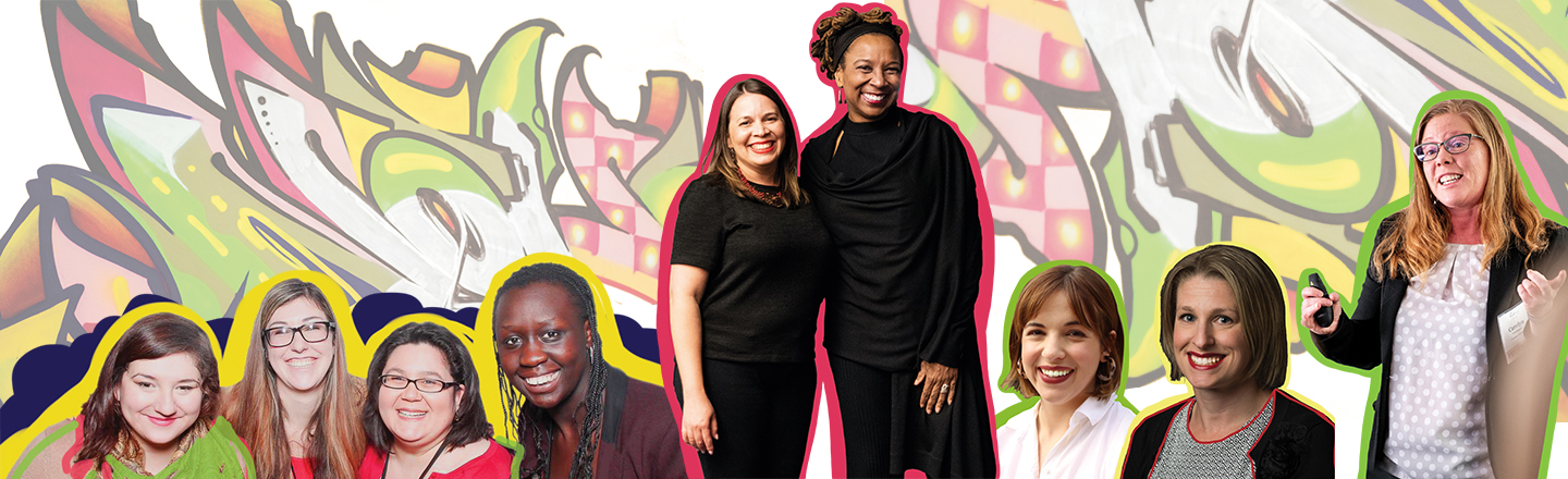 Various women smiling with a graffiti stylized background.