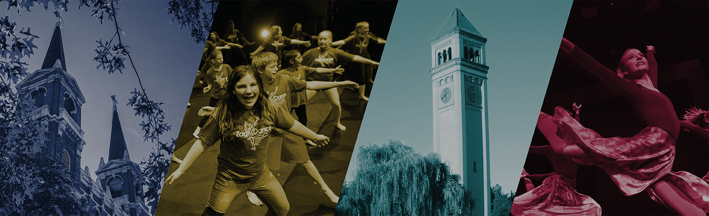4 images side by side. Left to right is a church, young person dancing, a clock tower, a student performer.