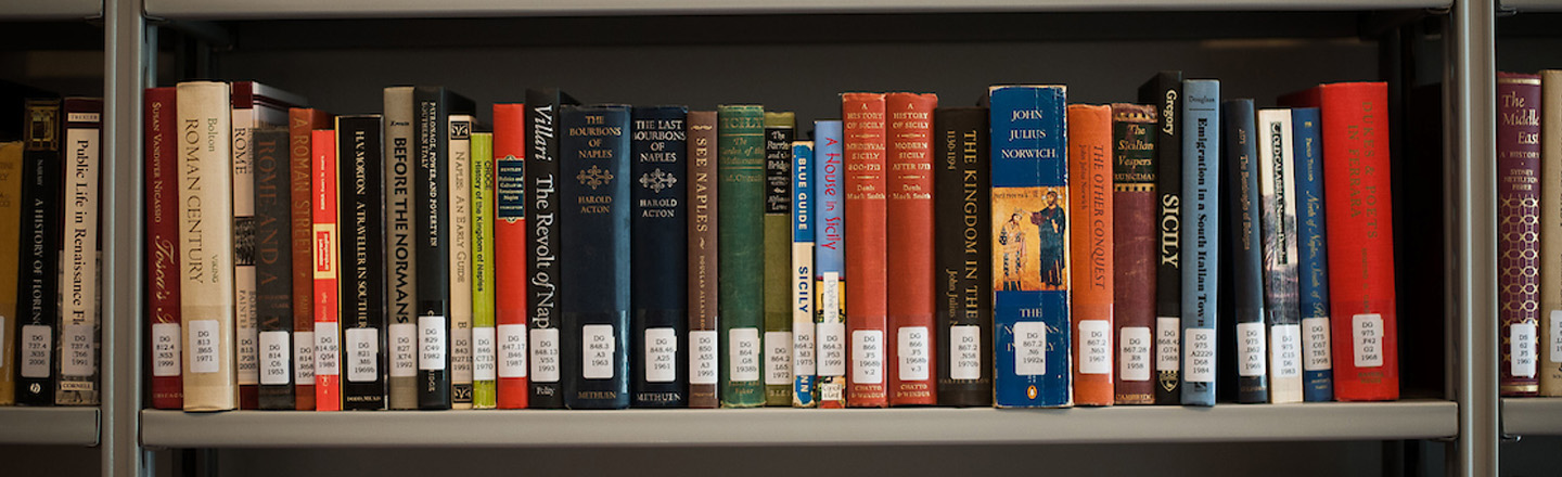A row of books in a bookshelf