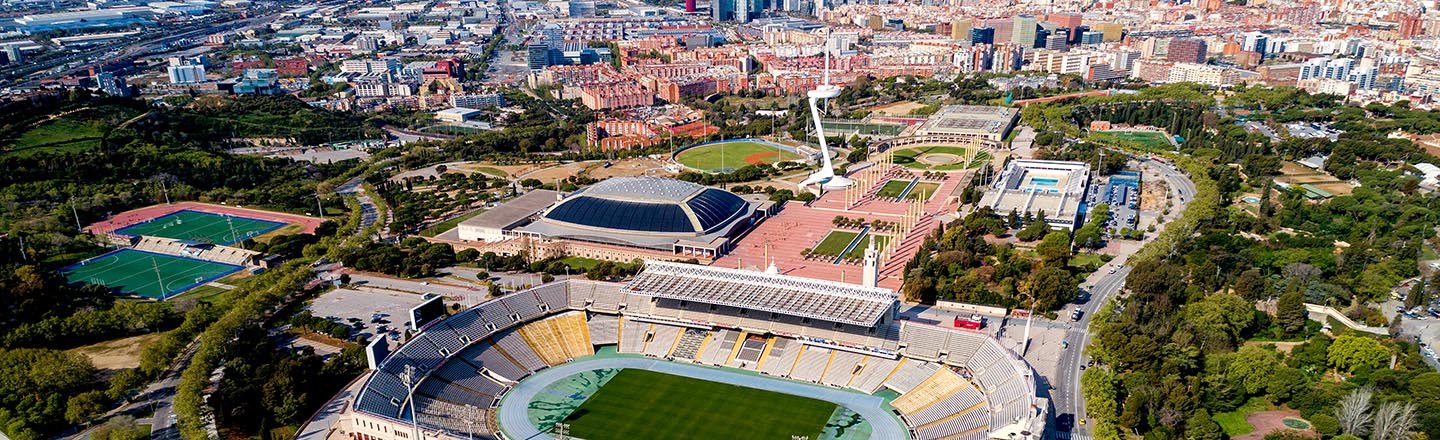 Drone view of Barcelona Olympic Stadium and Cityscape