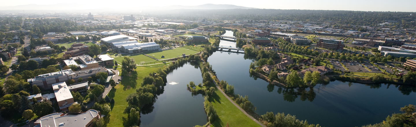 Birds eye view of Spokane River and Gonzaga campus. 
