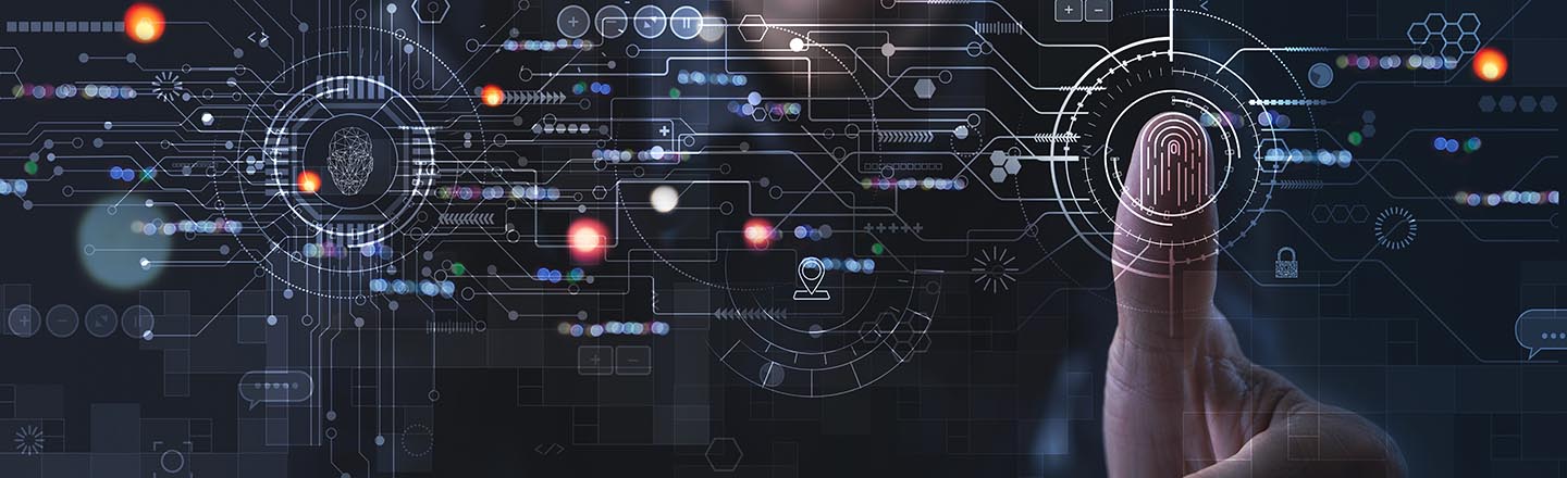 Businessman using fingerprint identification to access personal data, biometrics security, innovation technology against digital cyber crime
