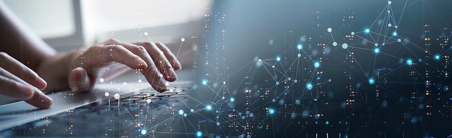 Woman using modern computer surfing internet futuristic metaverse, innovative technology background