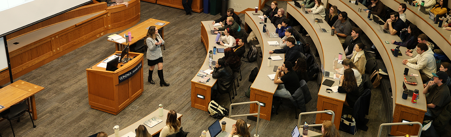 Professor teaching in the courtroom at the Law School. 