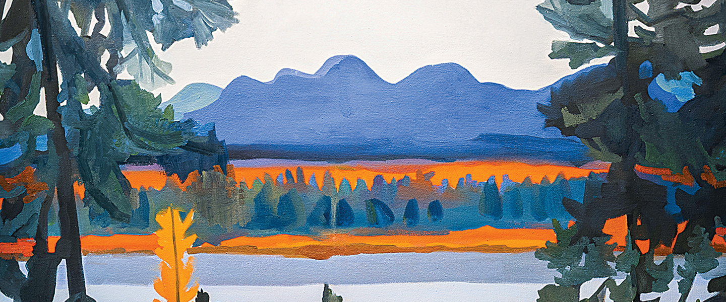 A painting of some mountains and trees.