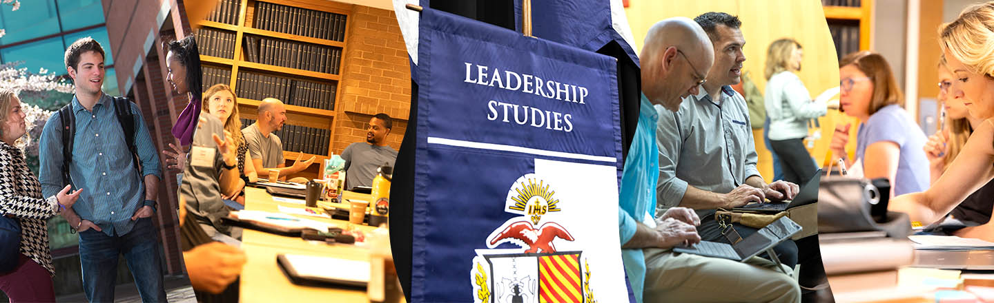 Photo collage of students conversing and studying. 