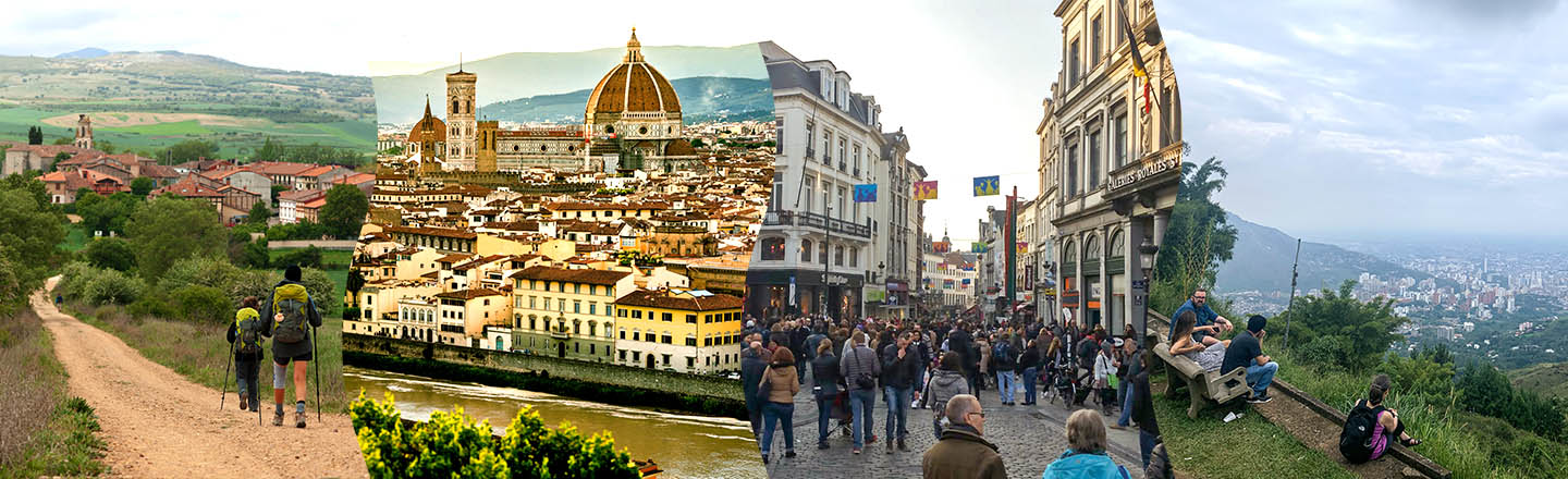 Collage of Camino, Florence, Brussels and Cali Cityscapes