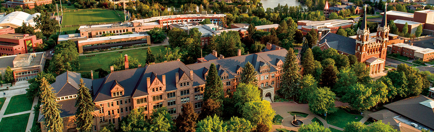 An aerial photo of Gonzaga's campus featuring College Hall and St. Aloysius Catholic Church.