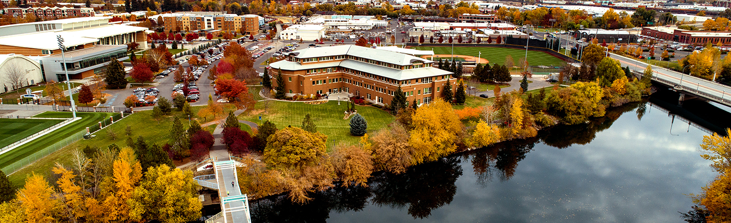 Aerial of Gonzaga University campus taken as autumn leaves fall
