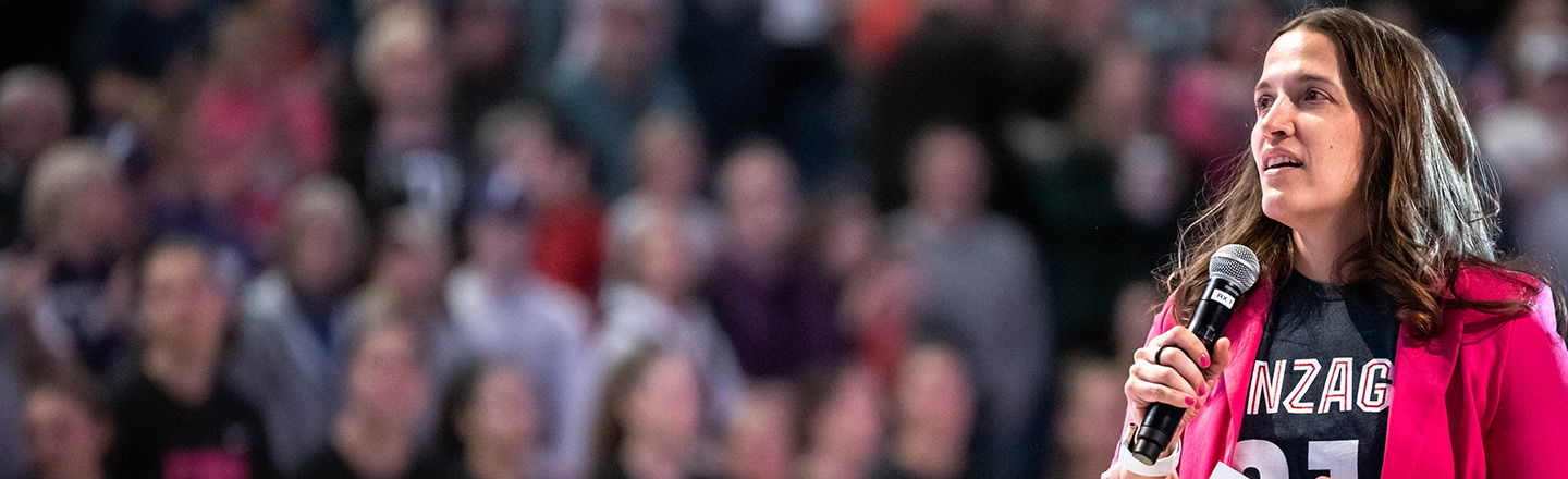 Gonzaga women's basketball coach Lisa Fortier addresses the crowd.