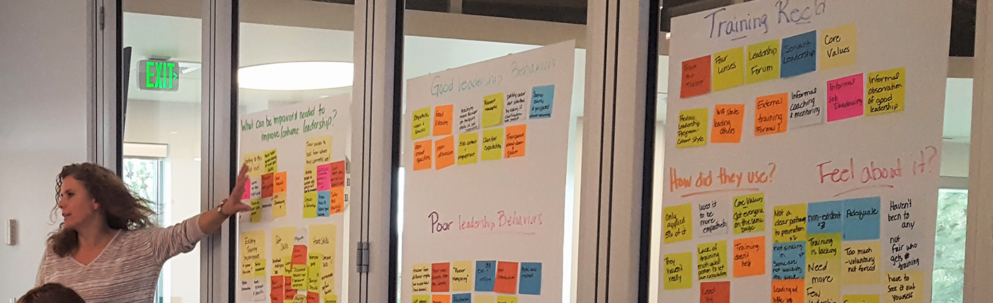 A woman points to paper boards with sticky notes on them.