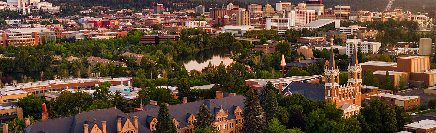 An aerial view Gonzaga's campus and downtown Spokane