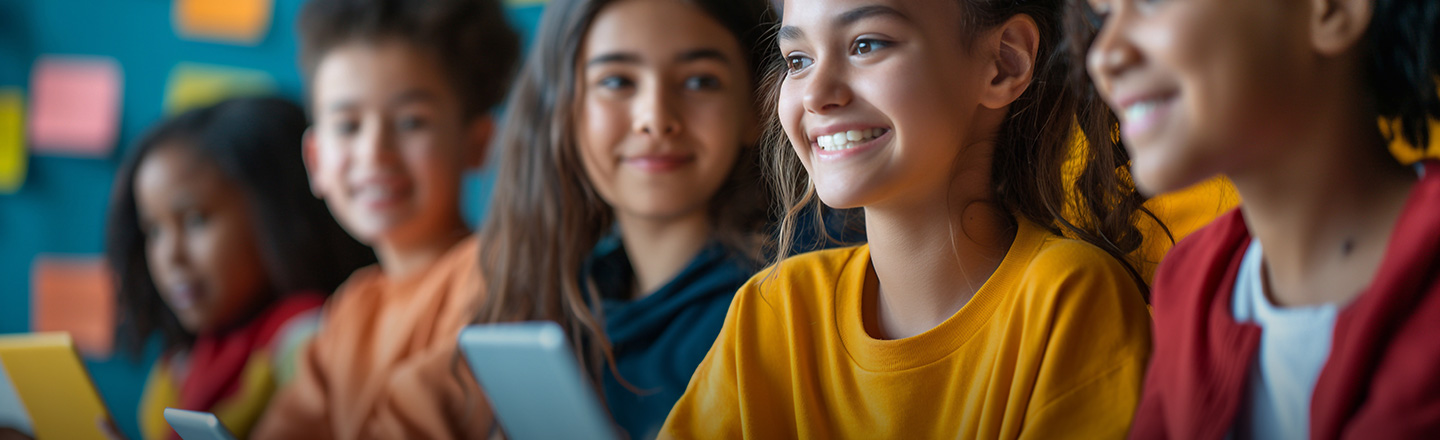 School children smile in a classroom.