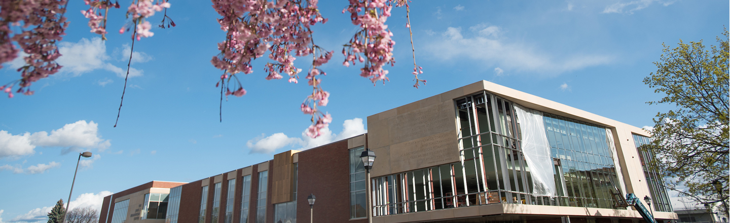 Spring time in front of Hemmingson Center.