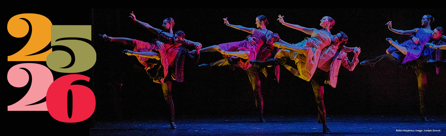 The numbers 25 and 26 stacked on top of each other aligned left with dancers on a black background.