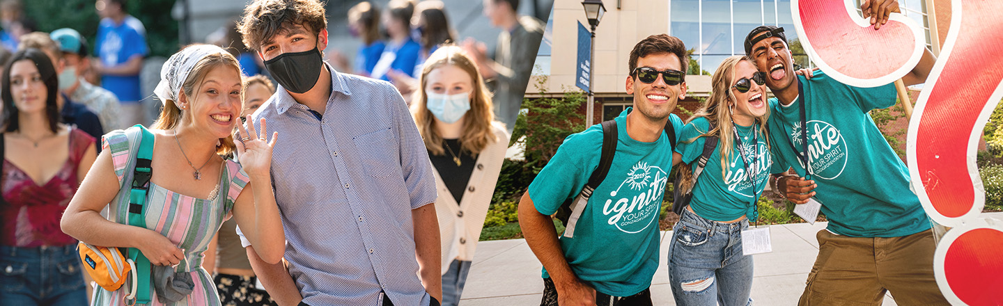 Masked and unmasked students mingle around campus.