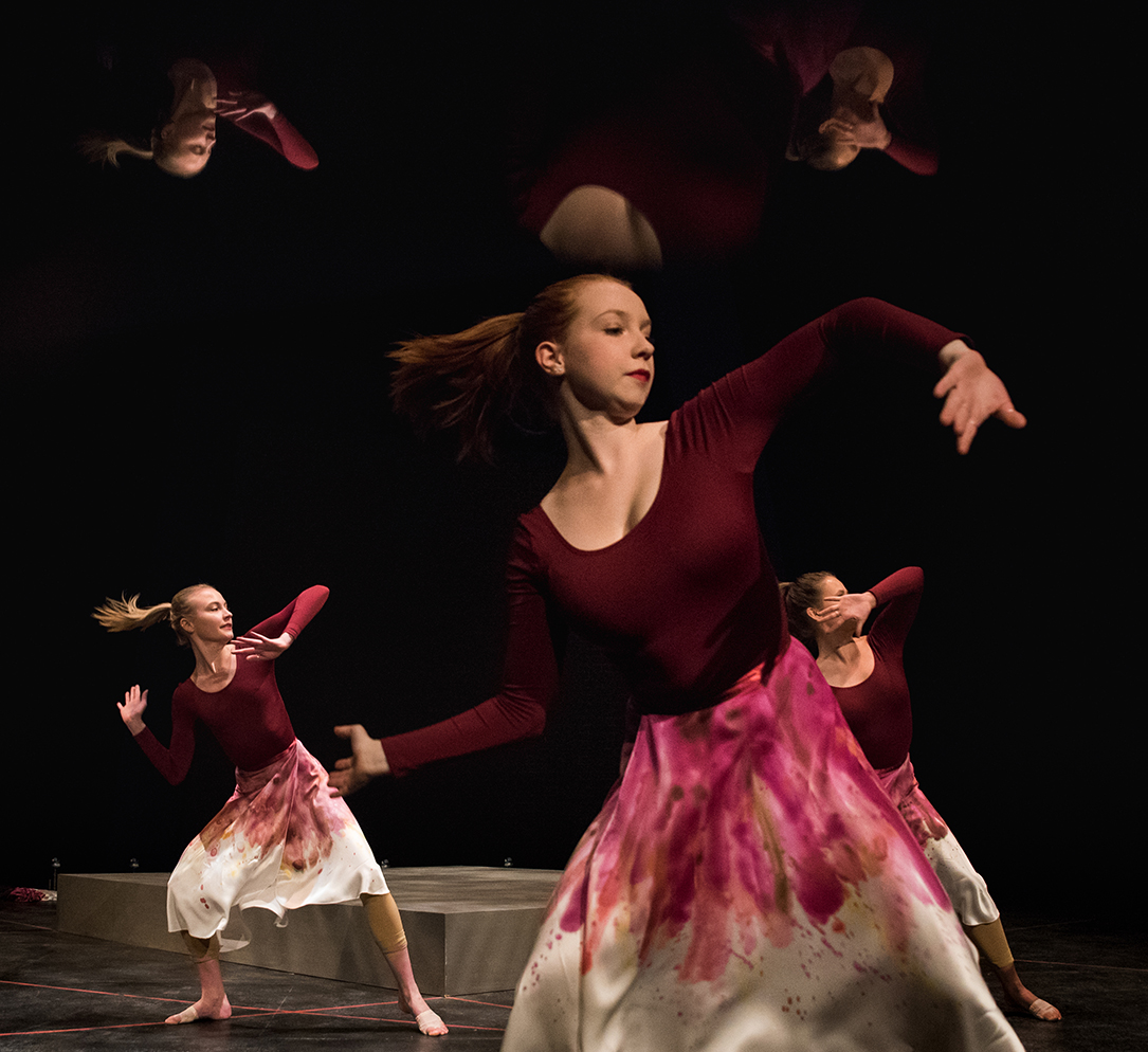 The Gonzaga University Repertory Dance Company in its debut performance of “Beautiful Weapons.” Biology Professor Brook Swanson narrates his research. (GU photo by Zack Berlat)