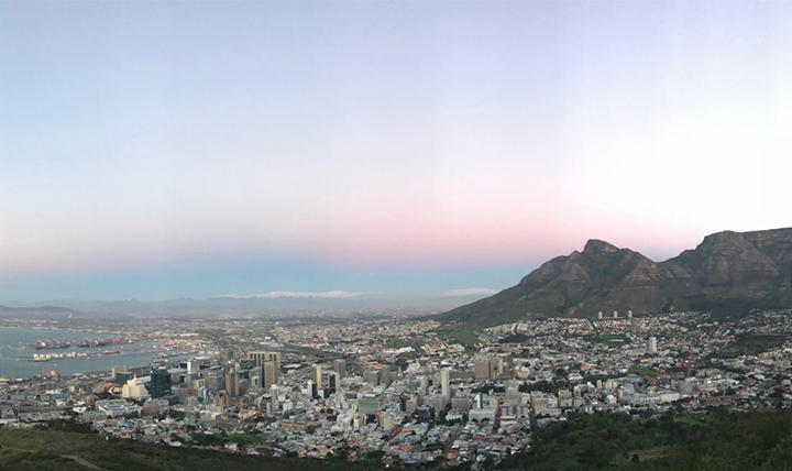 An aerial view of Cape Town at sunset. 