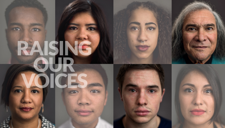 Faces of various Gonzaga students, faculty and staff with the text 'Raising our Voices'