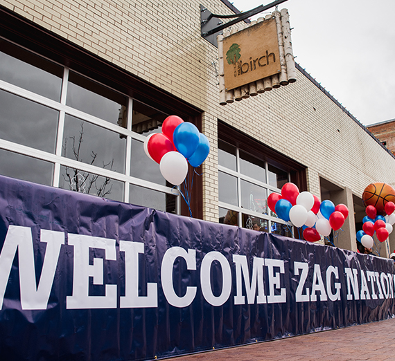 Welcome Zag Nation sign hangs outside The Silly Birch bar in Boise