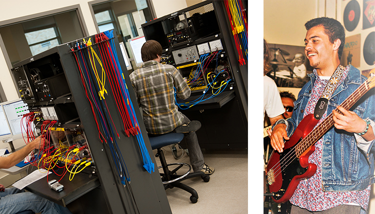 electrical engineering students with technology, student Zac White with guitar