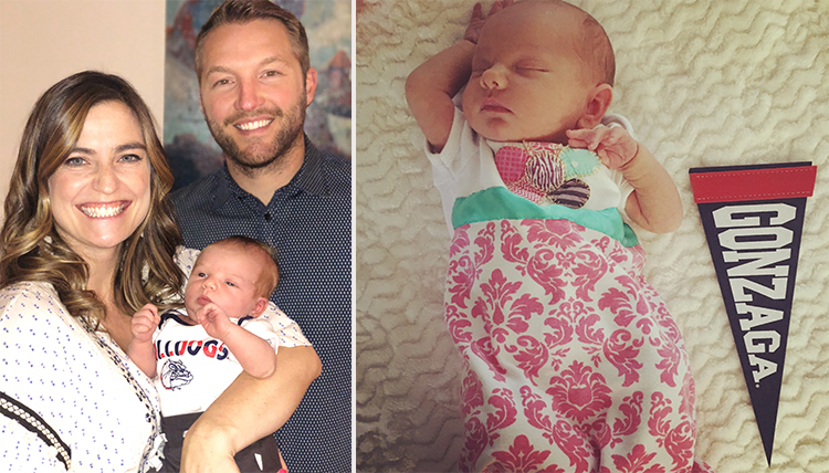 baby with parents and baby with Gonzaga pennant