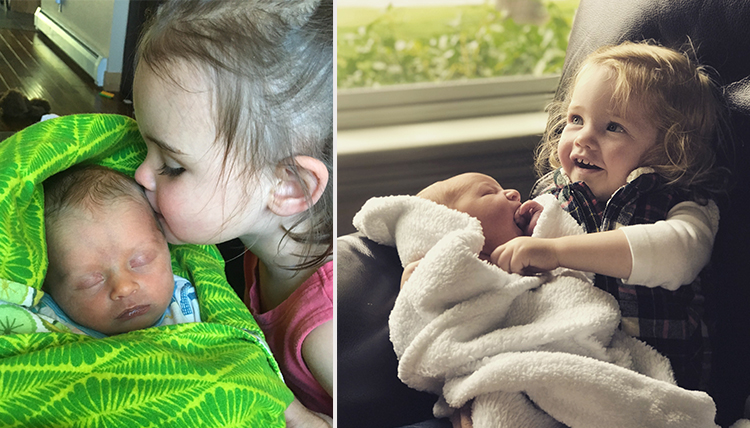 two different sets of siblings show toddlers kissing babies