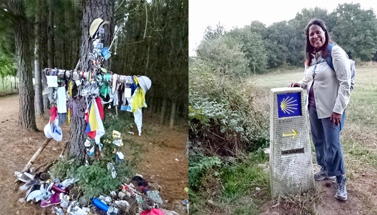 one image of a cross decorated with shoes and clothing, another of Connie Davis at a mile marker