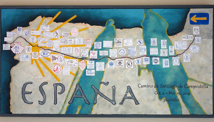 a large map shows northern Spain with stops along the Camino de Santiago journey