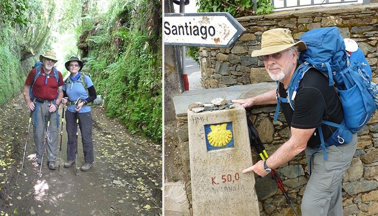 a photo of a couple walking on a dirt path and another of a man next to a mile marker