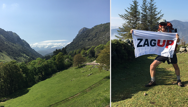 one photo of mountains and one of a young man holding a Zag Up flag