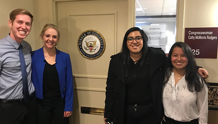 Gonzaga students Cameron Marsh, Francesca Nevil, Rani Chavez and Lydia Lopez visit Congresswoman Cathy McMorris Rodgers about immigration reform