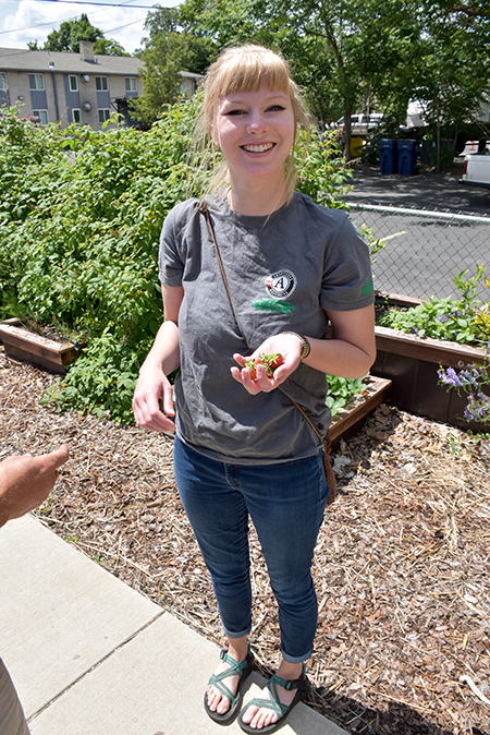Carrie Herrman, who helped launch the garden as a Gonzaga sophomore,  now coordinates Gonzaga’s employee sustainability ambassadors as an AmeriCorps Volunteer. (GU photo by Jeff Bunch)