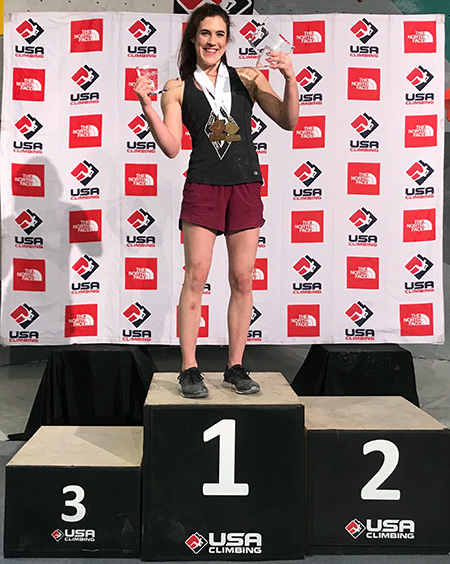 At the USA Climbing Collegiate Nationals in Houston, Hannah Tolson was the only athlete, male or female, to make it to worlds in all three disciplines. 