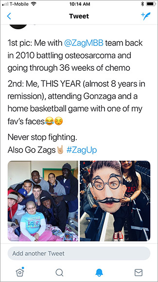 A tweet from student Briana Hermseyer about how her experience meeting the GU men's basketball team in 2010 while she was in the hospital for cancer treatment inspired her to attend Gonzaga.