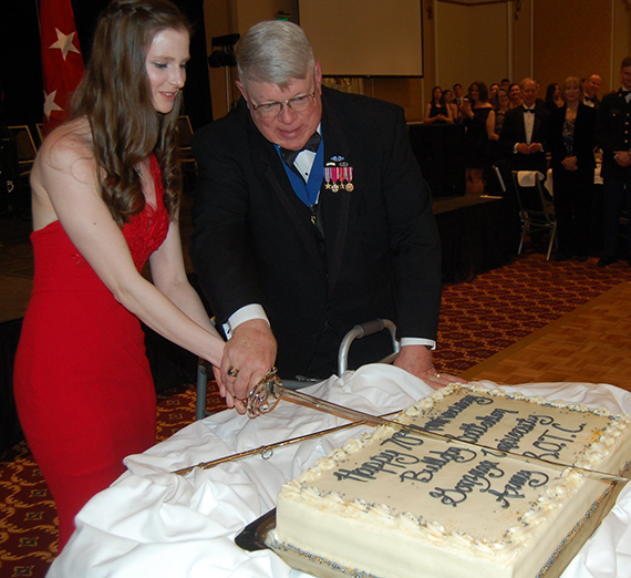 At the Military Ball on March 23, the youngest cadet in the Battalion, Lindsey Evers (Class of 2021), and the oldest attending program graduate, retired Col. William "Fred" Aronow (Class of 1967), cut the cake with a special sabre sword.