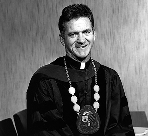 Fr. Bernard J. Coughlin, S.J., wearing the GU Presidential Medallion in October 1974. Courtesy GU Foley Center Special Collections.