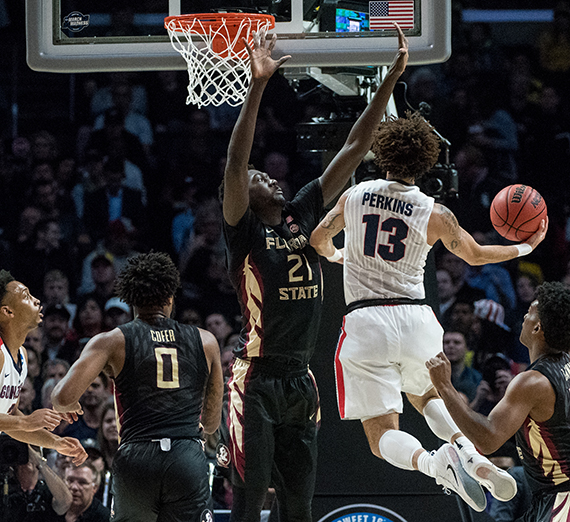 Guard Josh Perkins drives against Florida State in the Zags' Sweet 16 loss on March 22. (GU photo by Zack Berlat)