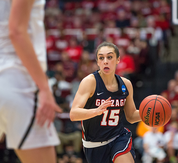 Jessie Loera drives down the court on March 17 at the Maples Pavilion in the first round of the NCAA tournament. The Zags lost to the Stanford Cardinal 82-68 bringing the Zags season to an end. GU photo by Ryan Snow.