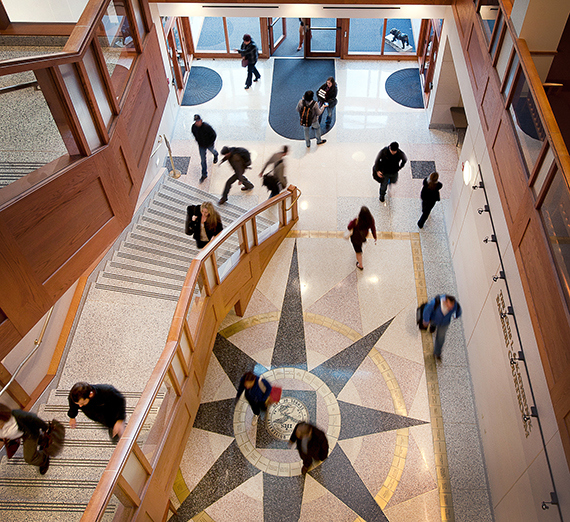 Aerial view of the GU Law School building entrance. GU photo