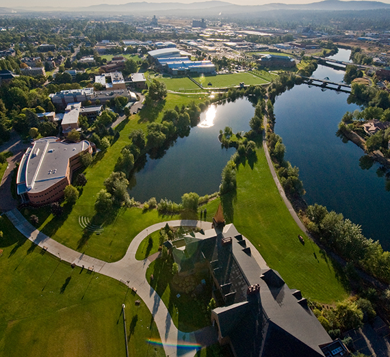 Aerial view of a portion of Gonzaga's campus with the Jepson Center for the School of Business Administration to the left. (GU photo)