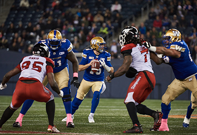 Matt Nichols leads the Winnipeg Blue Bombers to victory Oct. 26 over the Calgary Stampeders. Photo courtesy Winnipeg Blue Bombers