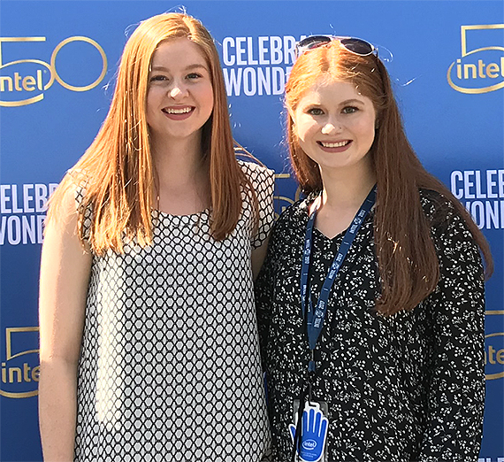 (from left) Marisa (’18) and Sierra (’15) Reid shared their family story at Intel’s 50th anniversary in a presentation that was live-streamed to the company’s 100,000-plus employees worldwide. (Photo courtesy Sierra Reid)